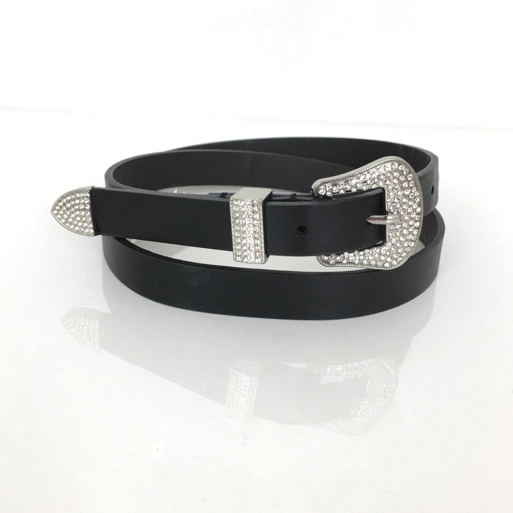 Women’s Faux Leather Black Thin Belt with Rhinestone Silver Tone Buckle Size M
